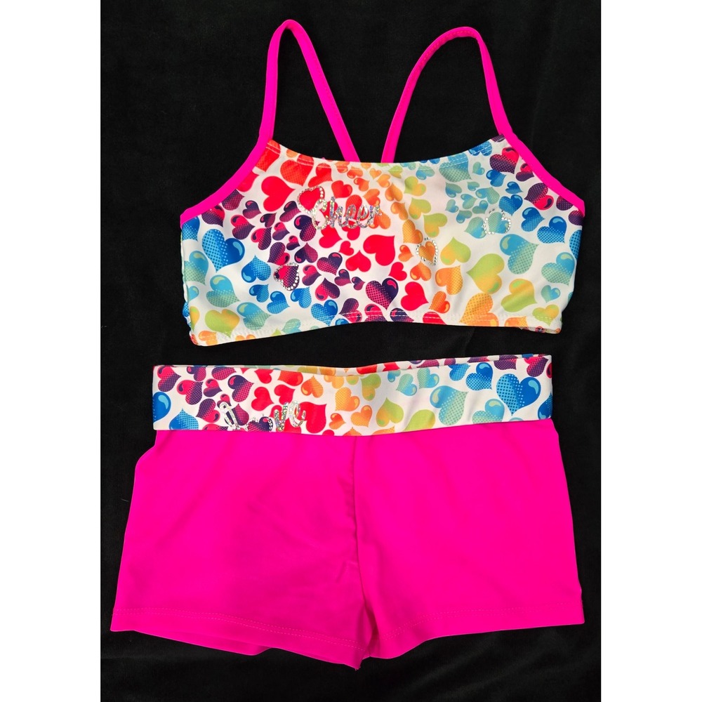 iEFIEL Girls Cheer Dance Set Rainbow Heart Rhinestone Crop Top & Shorts Size 8